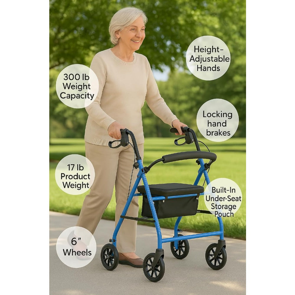 Folding Steel Rollator Walker with Seat for Seniors - Light Blue
